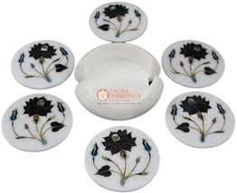 Antique Marble White Top Handmade Coaster Set Black Onxy Floral Arts Hom... - $292.05