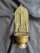 FRENCH ANTIQUE RELIGIOUS HOLY WATER FONT PEWTER : Praying below the cross. - £62.14 GBP