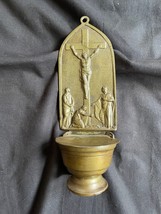 FRENCH ANTIQUE RELIGIOUS HOLY WATER FONT PEWTER : Praying below the cross. - $79.00