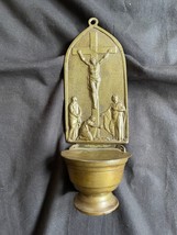 FRENCH ANTIQUE RELIGIOUS HOLY WATER FONT PEWTER : Praying below the cross. - £63.14 GBP