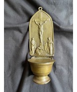 FRENCH ANTIQUE RELIGIOUS HOLY WATER FONT PEWTER : Praying below the cross. - £61.94 GBP