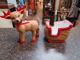 Vtg 80s Kimple Mold Ceramic Christmas Reindeer &amp; Santa Sleigh Hand-painted - $39.59