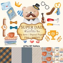 Super Dad Bear Watercolor Clipart, father&#39;s day planner, daddy illustrat... - $9.00