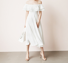 White Midi Chiffon Dress Off Shoulder Plus Size Wedding Guest Midi Dresses image 1