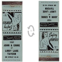 Vintage Matchbook Cover Lindy Lake Tavern Gladwin MI 1940s John &amp; Ernie girlie - £10.04 GBP