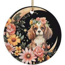 Cute Cavalier King Puppy Dog Moon &amp; Flower Christmas Ornament Ceramic Gift Decor - £11.83 GBP