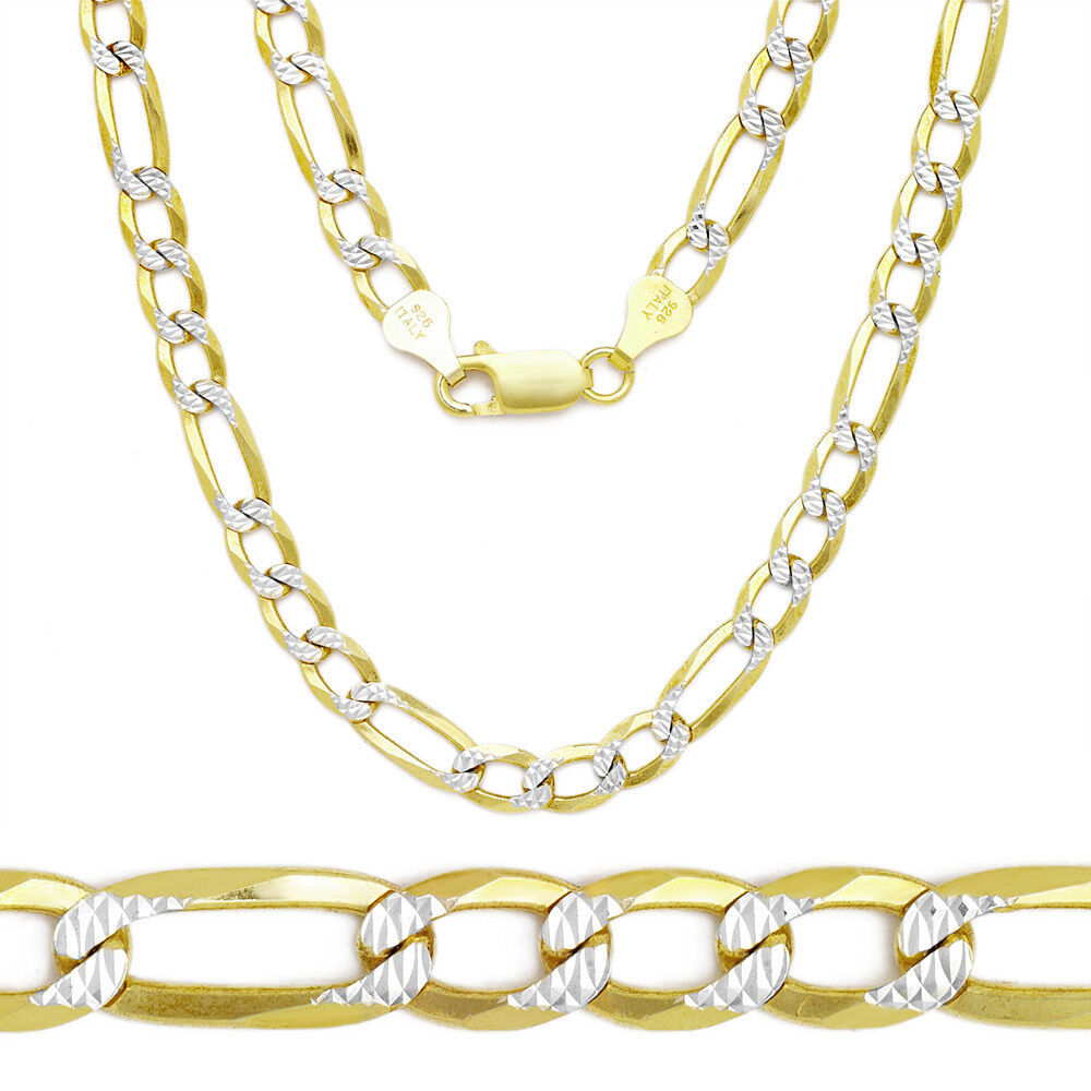 Primary image for  Men/Womens 14k YG Plated 925 Silver Diamond Cut Figaro Link Italian Chain 6.8mm