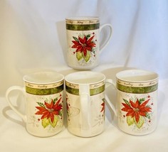 American Atelier HOLIDAY BOUQUET Mugs Poinsettia 4 Stoneware Coffee Cups 5011 - £38.91 GBP