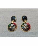 Gold Tone Blue/Green/Red Swirl Design Circle Dangle Earrings, 1&#39;&#39;, Vinta... - $21.00 CAD