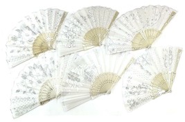 4 WHITE WEDDING FABRIC LACE HELD HAND FANS novelty 9 inch fan BRIDE acce... - $9.45