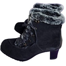 Sporto Women&#39;s Suede Black Faux Fur Trim Ankle Boot Block Heel 10M Lace Up - £15.82 GBP