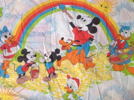 Vintage 70s Disney Mickey Mouse Donald Duck Rainbow Sun Flat Fitted Shee... - $125.00