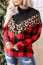 Red Chevron Plaid Leopard Patchwork Turtleneck Sweatshirt - £25.29 GBP