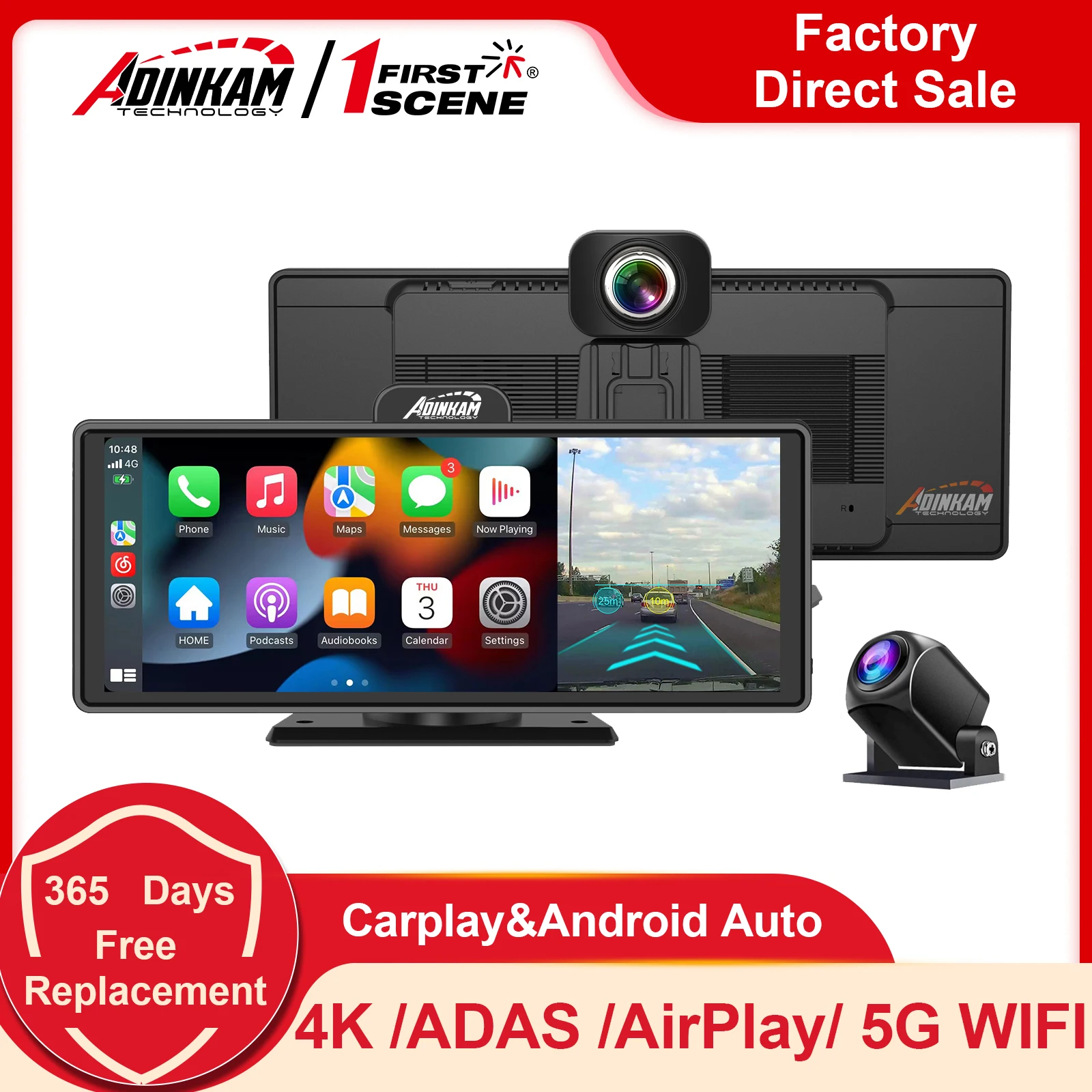 Upgraded! 10.26 Inch 5G Wifi Adas Usb Adinkam Aux Portable Wireless Carplay - £127.03 GBP+