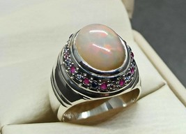 925 Sterling Silver Natural Ethiopian Fire Opal Small Ruby &amp;Sapphire Men&#39;s Ring - £282.43 GBP