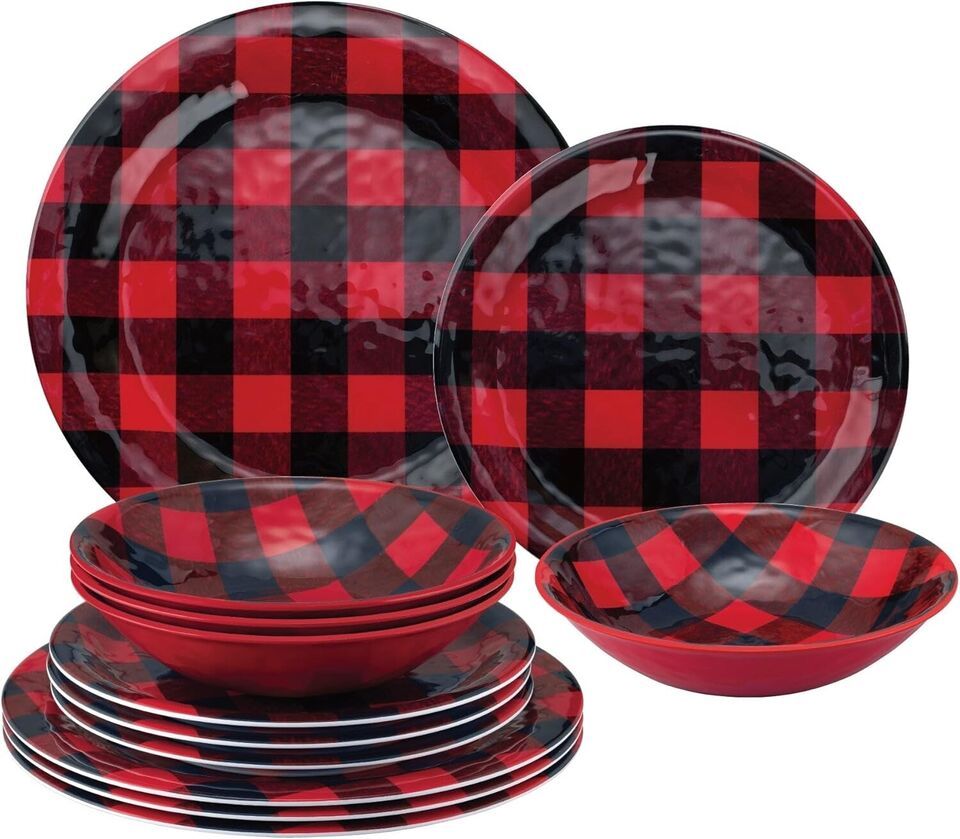12-Piece Buffalo Plaid Melamine Dinnerware Set - Service for 4 - $67.79