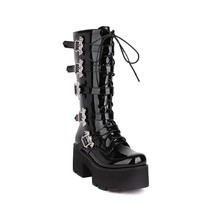 Women Leather Chunky Motorcycle Boots Punk Midi Calf Autumn Winter Gothic Black  - £76.74 GBP