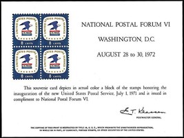 USPS PS8 Souvenir Card, Nat'l Postal Formu VI, 8 cent stamps, 1972 - $2.72