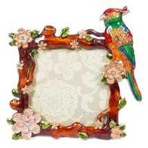 3&quot; x 3&quot; Square Red Enamel Rhinestone Parrot Bird Floral Tropical Picture... - $8.99
