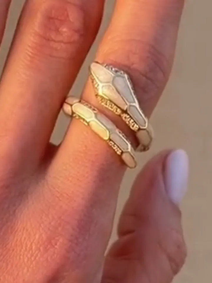 Snake ring with zircons and pearl enamel,  one size fits all - $89.00