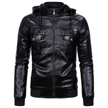 Winter Men&#39;s Leather Jackets Male Hooded Fleece Coat EUR Size Streetwear PU Casu - £119.94 GBP