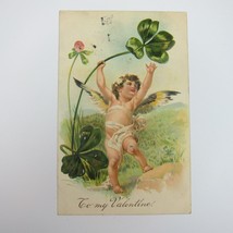 Postcard Greeting Valentine Cupid Angel Boy Green Four Leaf Clover Antique 1909 - £8.05 GBP