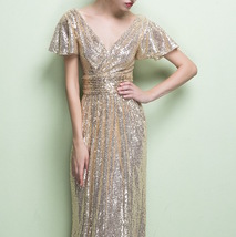 Gold Maxi Sequin Dress Women Cap Sleeve Retro Style Plus Size Sequin Dress image 7