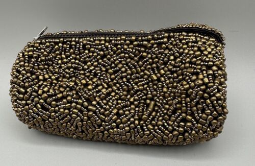 Primary image for Pocketbook Gold Beaded Clutch Evening Bag with Strap Zipper 6 Inches Long