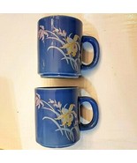 Blue Coffee Mug SET Yellow &amp; Pink Iris Flowers Tea Cup LOT 2 unused VTG ... - £12.66 GBP