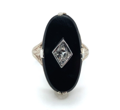Art Deco 14k White Gold Genuine Natural Black Onyx Ring with Diamond (#J5944) - £340.57 GBP