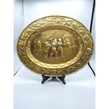 Vintage Brass Oval Platter, Repousse Ice Skating Dutch Winter Pond Scene - $48.38