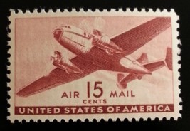 1941 15c Twin-Motored Transport Plane, Air Mail, Brown Scott C28 Mint F/... - £1.53 GBP