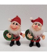 2 Vintage Plastic Flocked Felt Dwarf Santa Helper Wreath Christmas Ornam... - $19.70