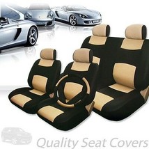 For Jeep Premium Black Tan Synthetic Leather Car Seat Steering Covers Set - £39.37 GBP