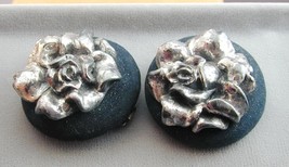 Vintage Shoe Clips Black Leather &amp; Large 3D Silver Roses - £23.51 GBP