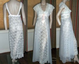 Alfred Angelo Wedding Night L Peignoir Gown + Robe Lace White w Pink Ribbon - $79.19