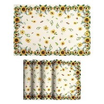 Watercolor Sunflower Bees Linen Placemats Set Of 4 Summer Yellow Flowers Flor Ho - £40.32 GBP
