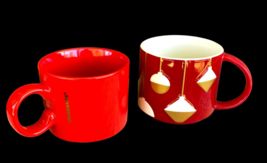 Starbucks Christmas Coffee Mugs Set of 2 Red Gold Letters Ornaments 2012 2017 - £6.93 GBP