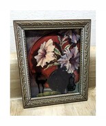 Small Lithograph Print Flowers In Vase Painted Basket &amp; Deer Reverse Sil... - €10,01 EUR