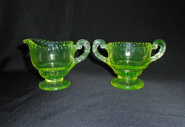 Vintage Uranium Glass Cream and Sugar Set Glowing Glass Depression Glass - £41.33 GBP