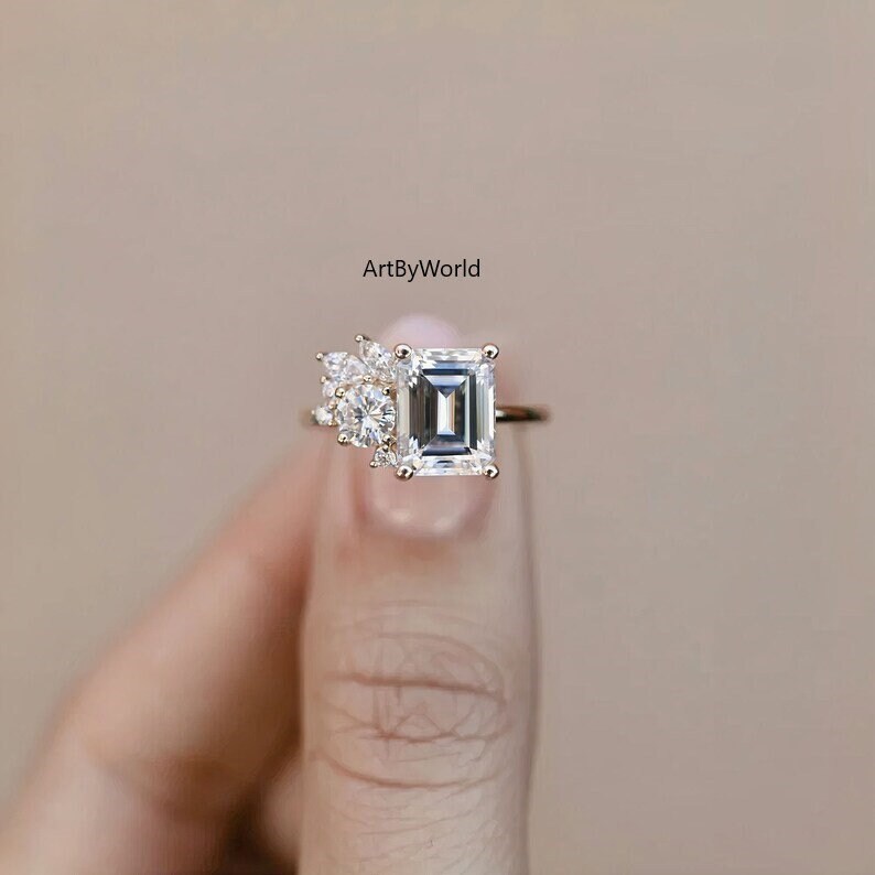 Primary image for Art Nouveau Style 3.79 CT Emerald Cut Moissanite Diamond Engagement Ring