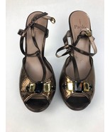 Rare LINEA PAOLO Open Toe Faux Snakeskin Patent High Heel Pumps Women&#39;s 10m - $17.26