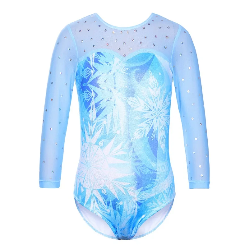 BAOHULU Sparkle Girls Long Sleeve Gymnastics Leotard Blue Snowflake Sequins Ball - £133.27 GBP