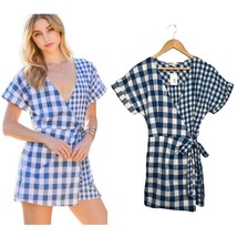 New Mainstrip Gingham V Neck Tie Wrap Front Romper Plaid Blue S - $27.71