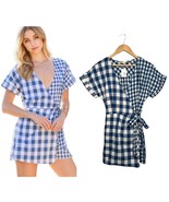 New Mainstrip Gingham V Neck Tie Wrap Front Romper Plaid Blue S - $27.71