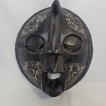 Vintage Ghana African Ashanti Metal Inlay Carved Round Wood Protection Mask 10&quot; - £27.25 GBP