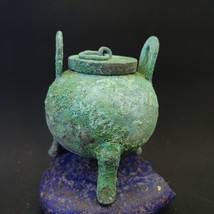 Antique Bronze Medicine or fragrance POT with Handles Green Rusted Patina - $87.30