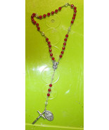 RED &amp; WHITE Beads Rosary Necklace Catholic And Cross Crucifix VIRGO CARMELI - £21.46 GBP