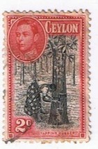 Stamps Ceylon Sri Lanka 2c Red King George VI Tapping Rubber Tree Scott #278 D - $0.67