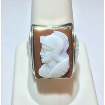 Men&#39;s Art Deco White Gold Cornelian &amp; Marble Cameo Knight Signet Sky - $585.59